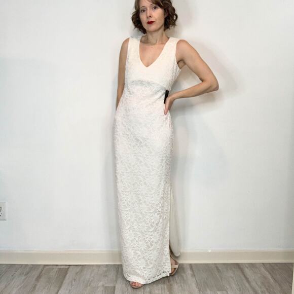 NWT MARINA white lace gown back cutout maxi side slit v-neck romantic 2689 - Picture 12 of 13